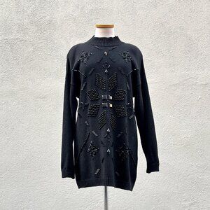 Vintage 90s Victoria Jones Black Beaded Knit Sweater Mini Dress Tunic Large